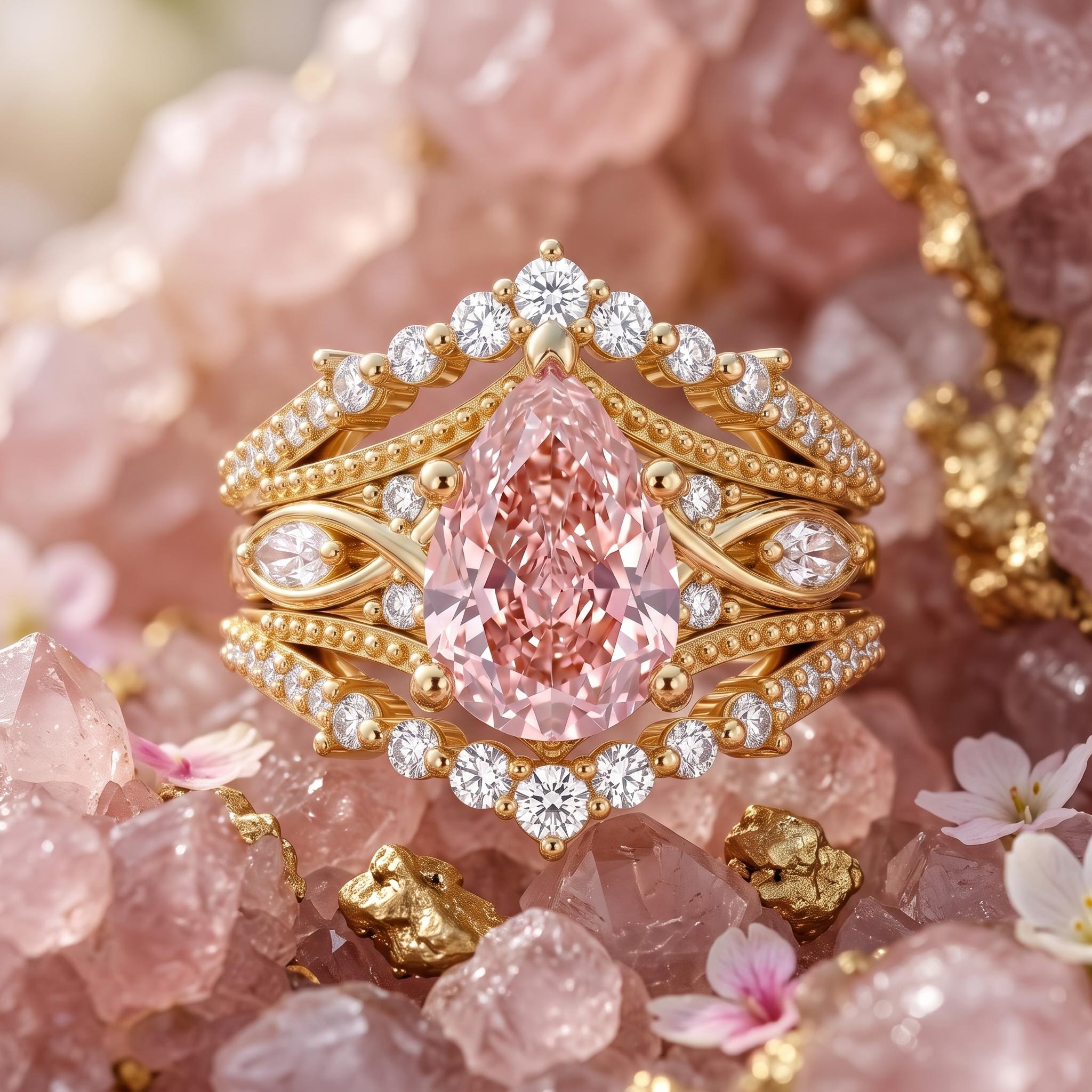 4.85 ct.tw. Pink Pear Cut 2-Piece Stackable Bridal Ring Set