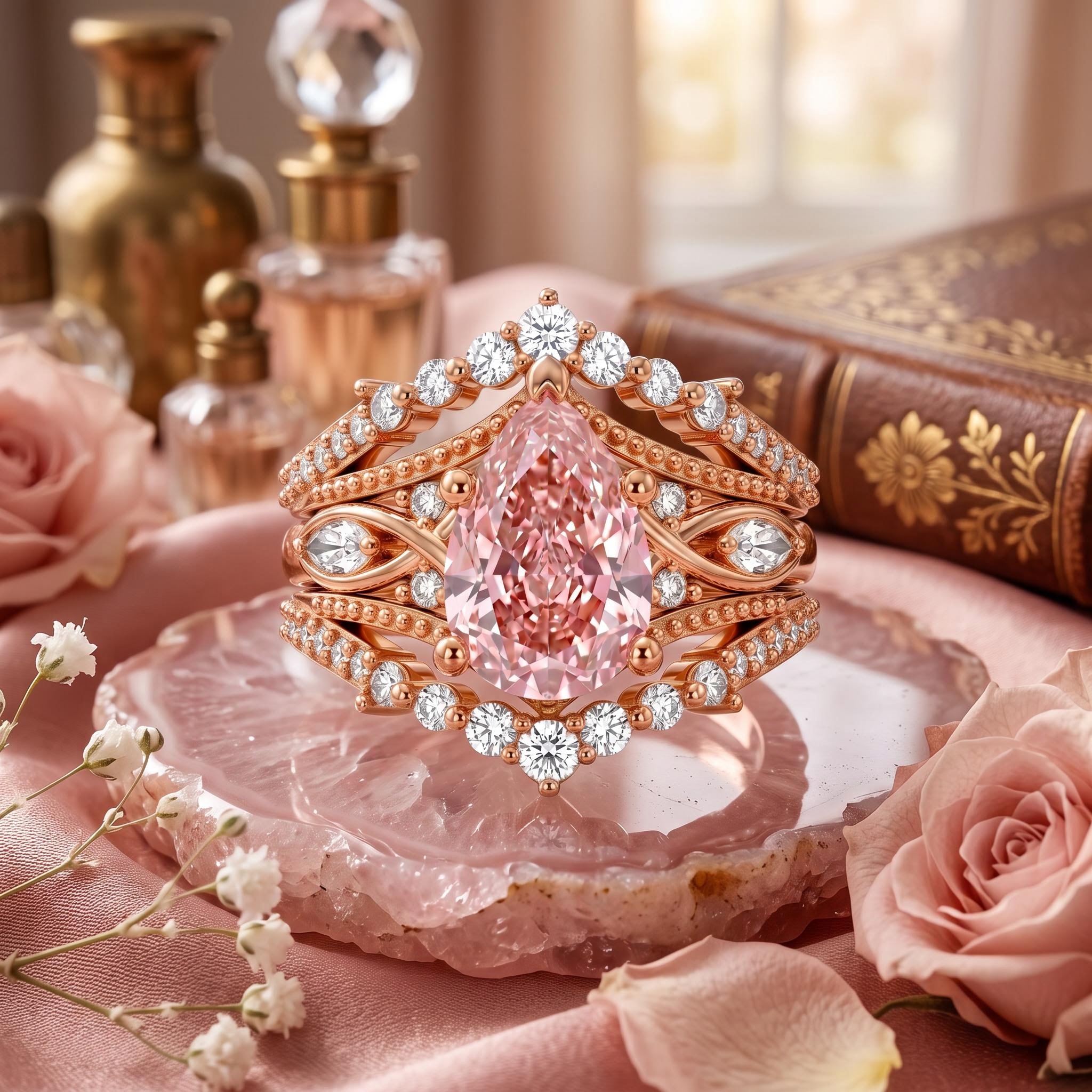 4.85 ct.tw. Pink Pear Cut 2-Piece Stackable Bridal Ring Set
