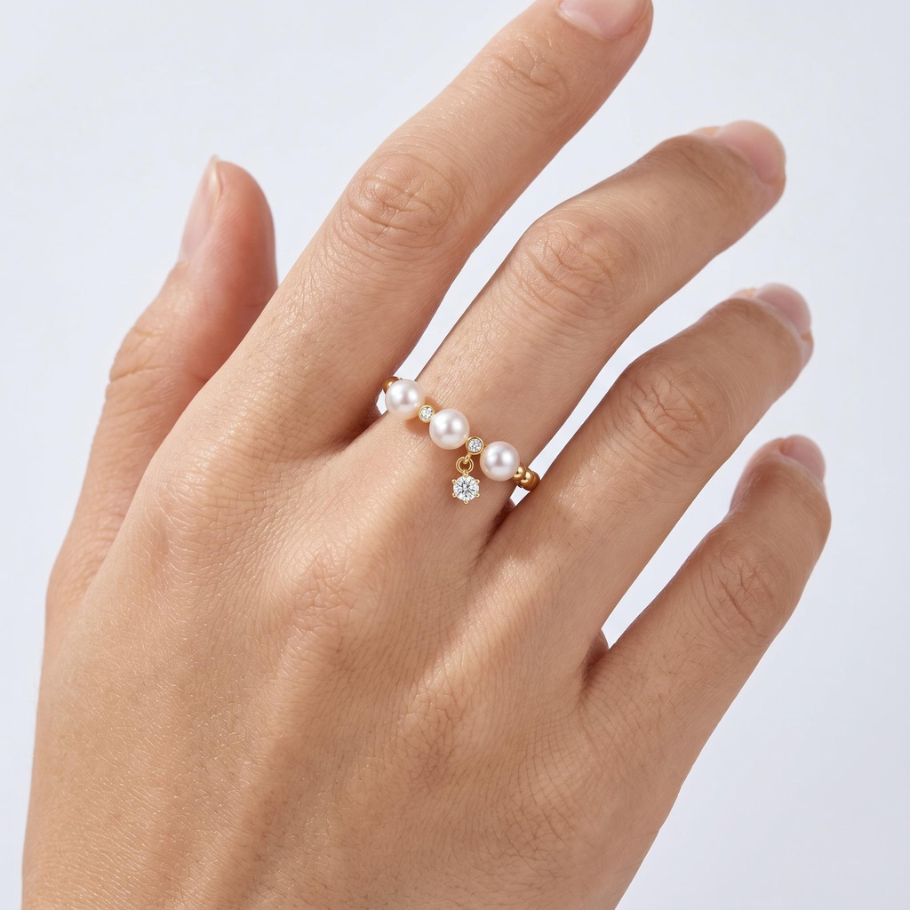 Three Pearl with Diamond Dangle Fashion Ring