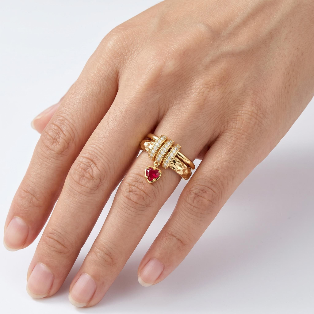 0.43 ct.tw. Red Heart Dangle Textured Band Ring