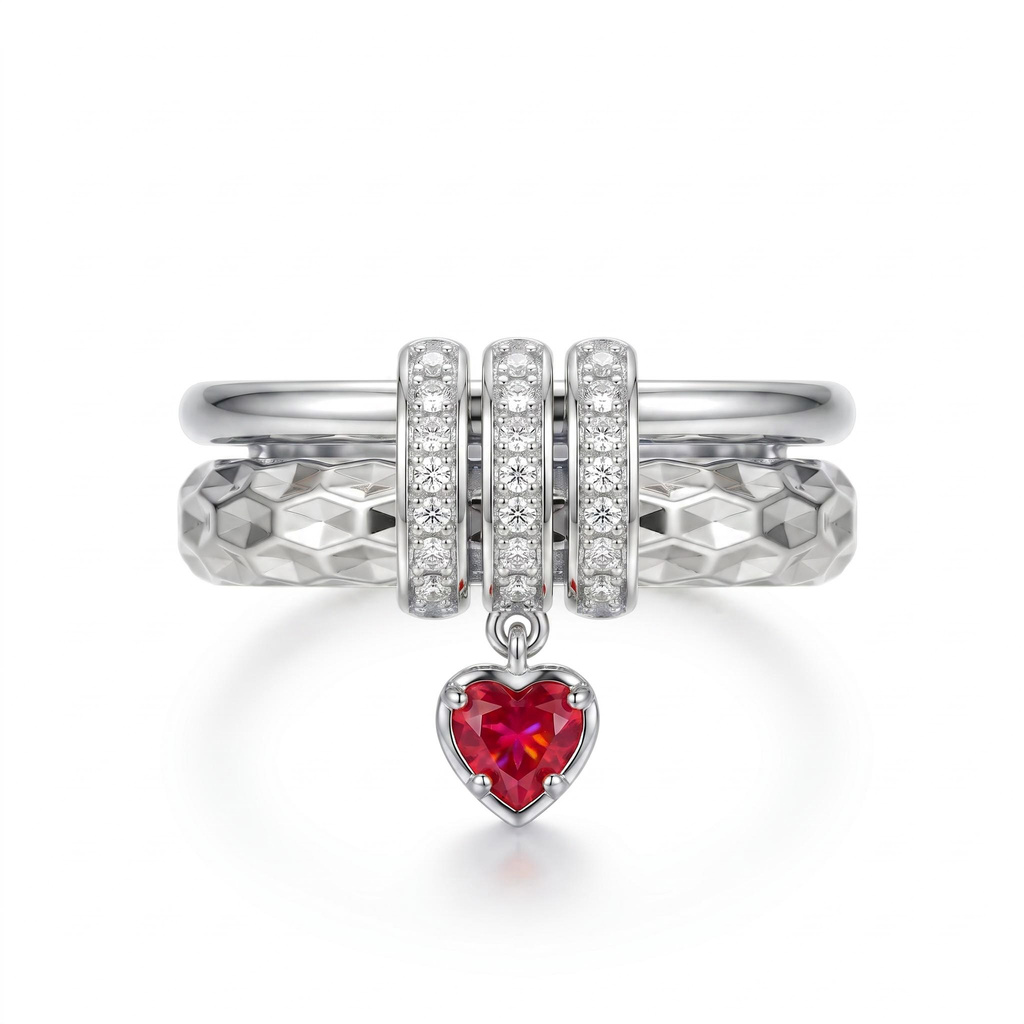 0.43 ct.tw. Red Heart Dangle Textured Band Ring