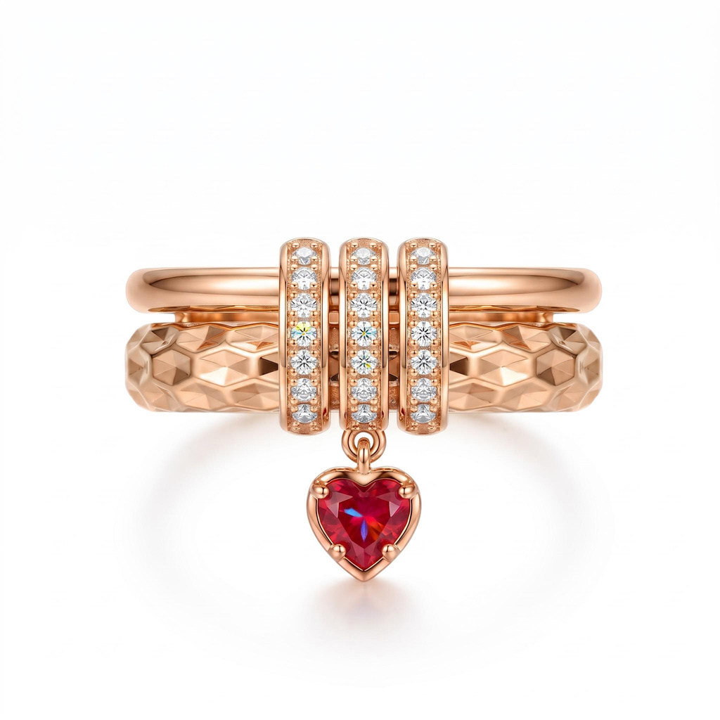 0.43 ct.tw. Red Heart Dangle Textured Band Ring
