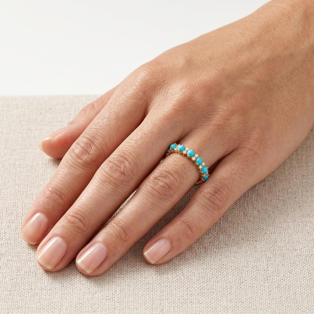 Turquoise And White Diamond Alternating Band Ring