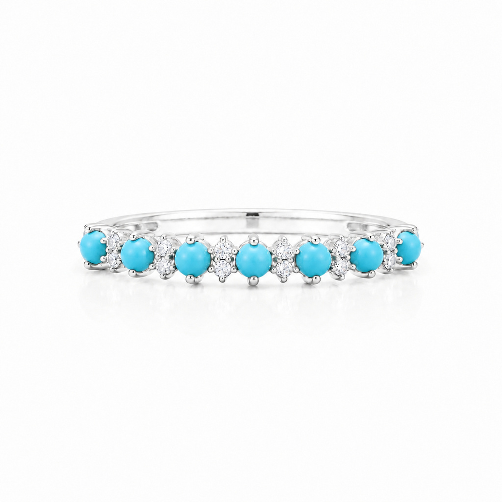 Turquoise And White Diamond Alternating Band Ring