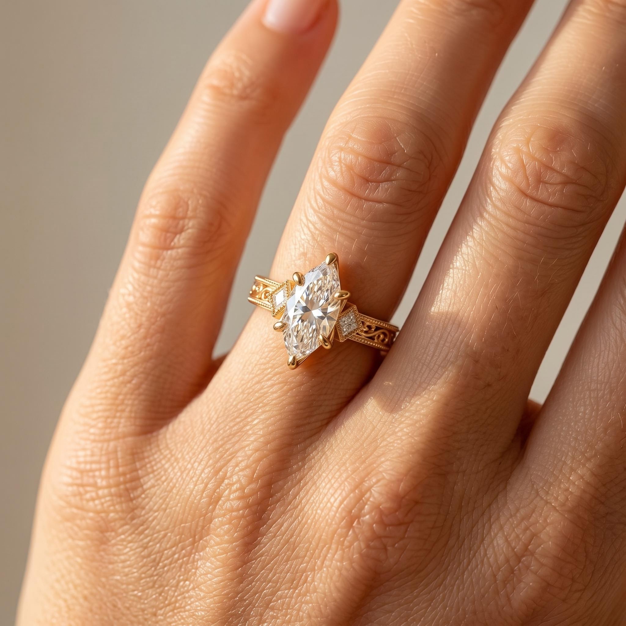 5.42 ct.tw. Engraved  Vintage Marquise Cut Engagement Ring