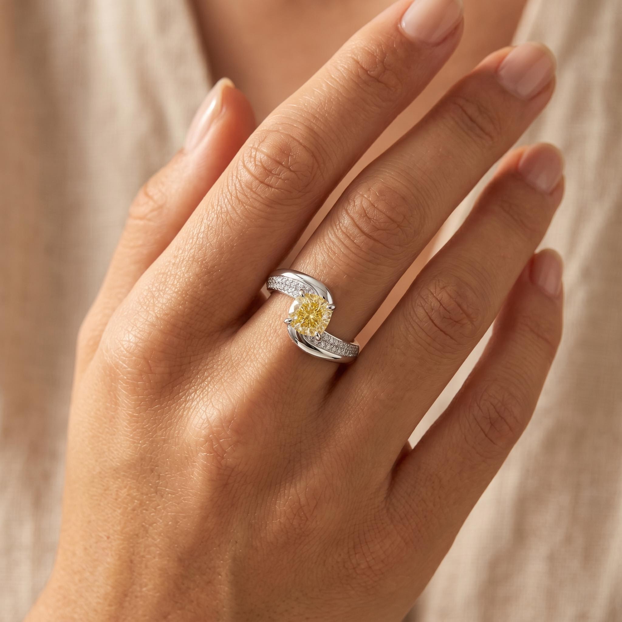 3.3 ct.tw. Fancy Yellow Cushion Cut Pave Twist Band Engagement Ring