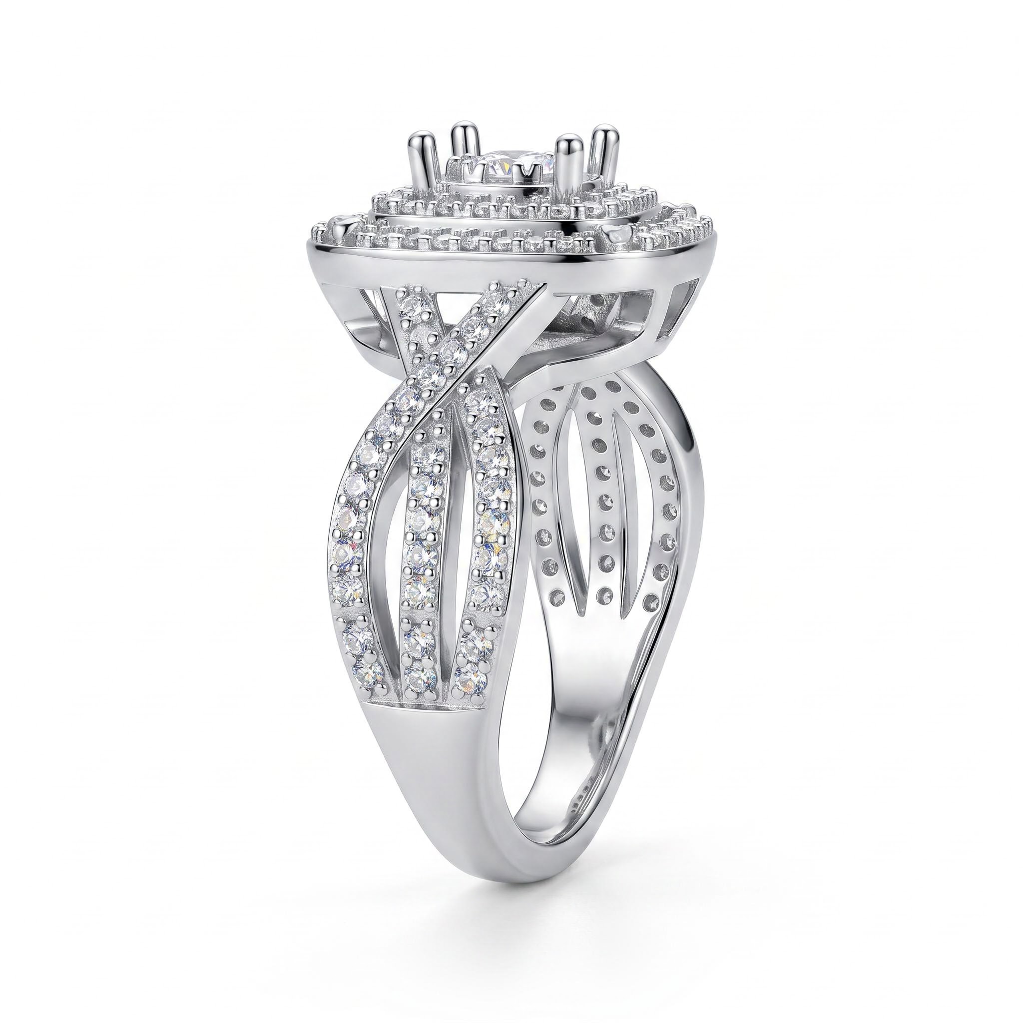 0.95 ct.tw. Full Pave Doubel Halo Crisscross Shank Engagement Ring