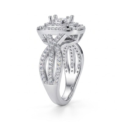 0.95 ct.tw. Full Pave Doubel Halo Crisscross Shank Engagement Ring