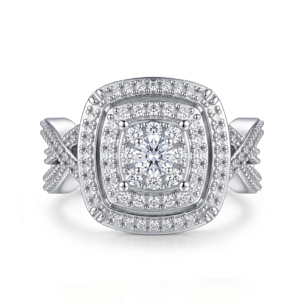 0.95 ct.tw. Full Pave Doubel Halo Crisscross Shank Engagement Ring