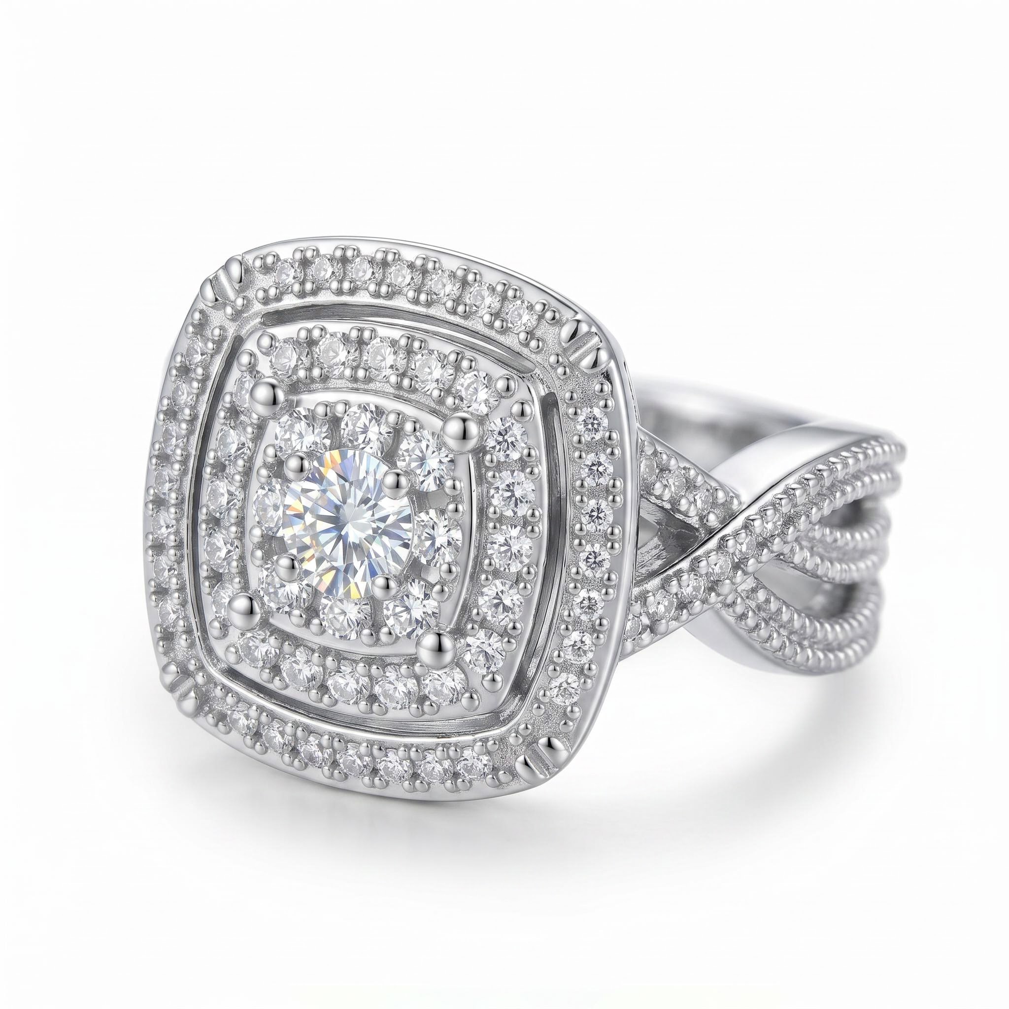 0.95 ct.tw. Full Pave Doubel Halo Crisscross Shank Engagement Ring