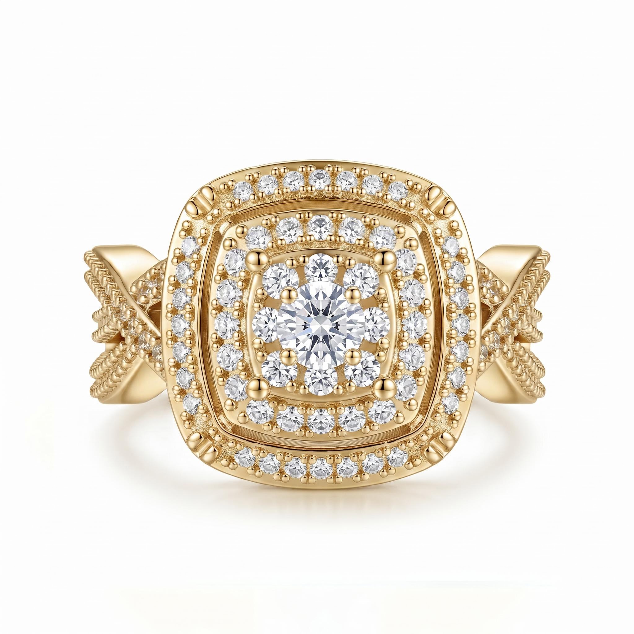 0.95 ct.tw. Full Pave Doubel Halo Crisscross Shank Engagement Ring
