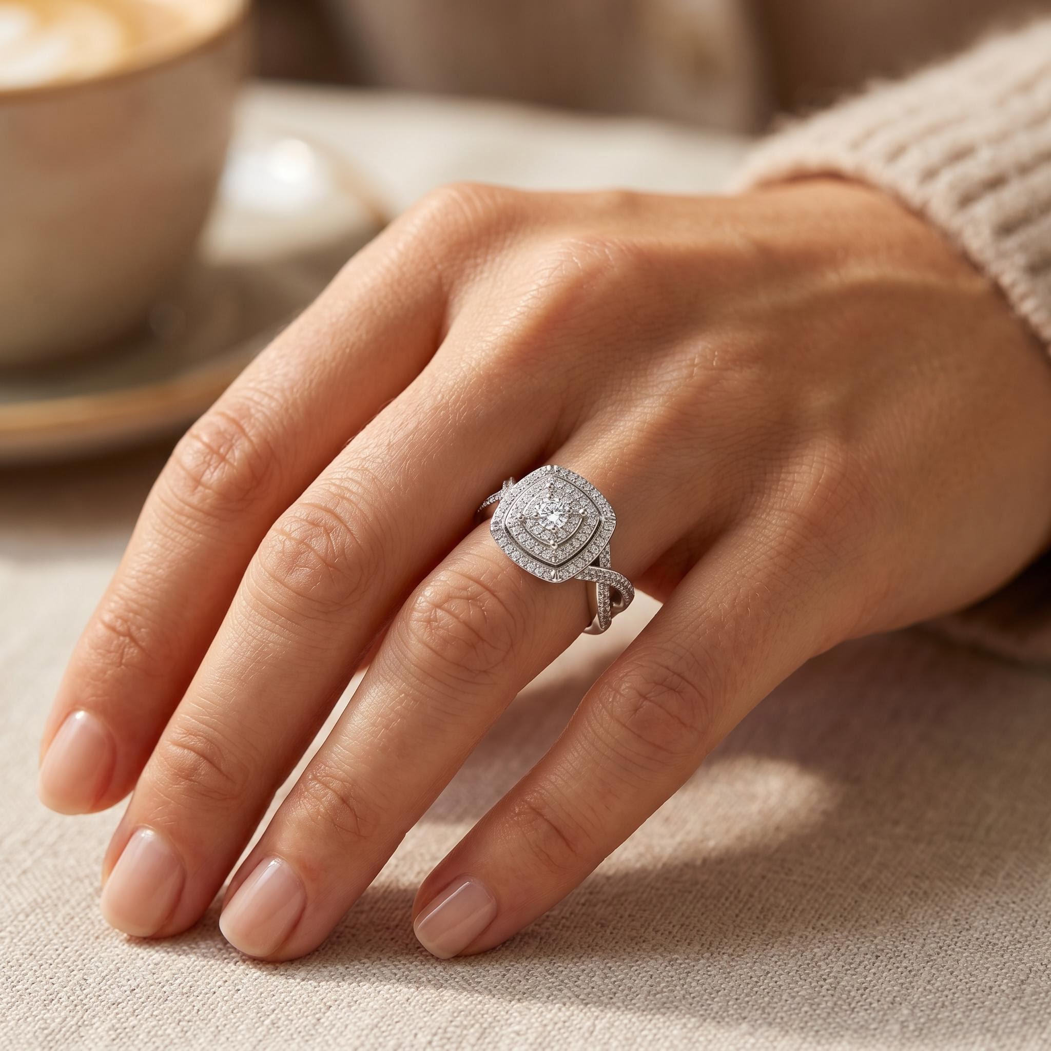 0.95 ct.tw. Full Pave Doubel Halo Crisscross Shank Engagement Ring