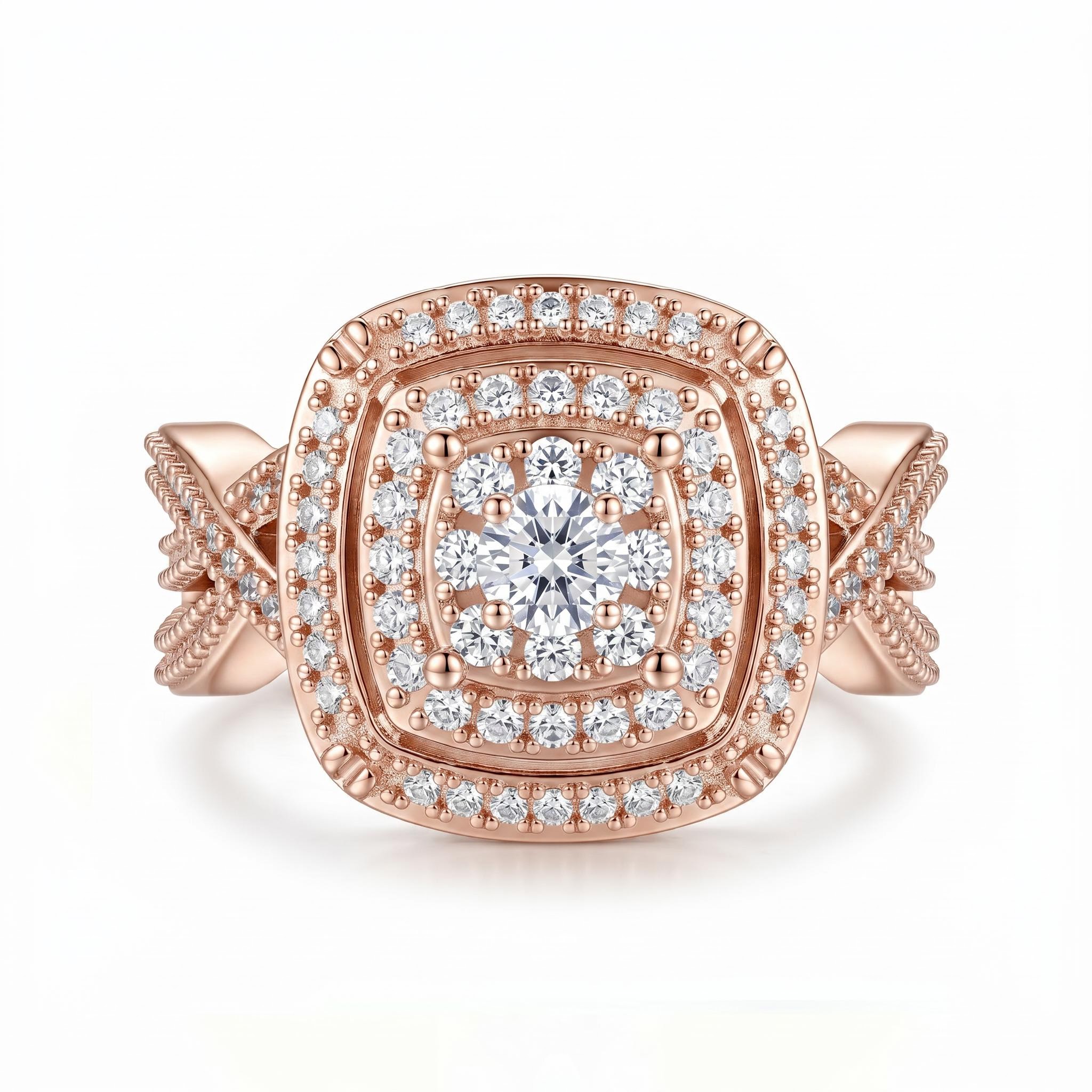 0.95 ct.tw. Full Pave Doubel Halo Crisscross Shank Engagement Ring
