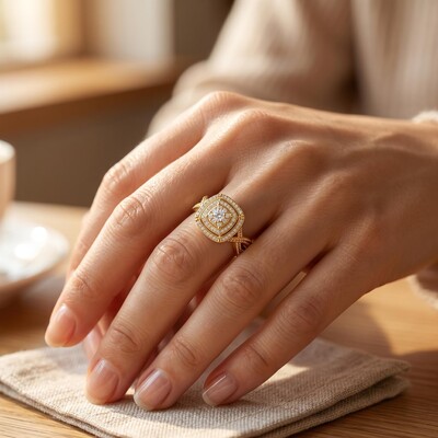 0.95 ct.tw. Full Pave Doubel Halo Crisscross Shank Engagement Ring