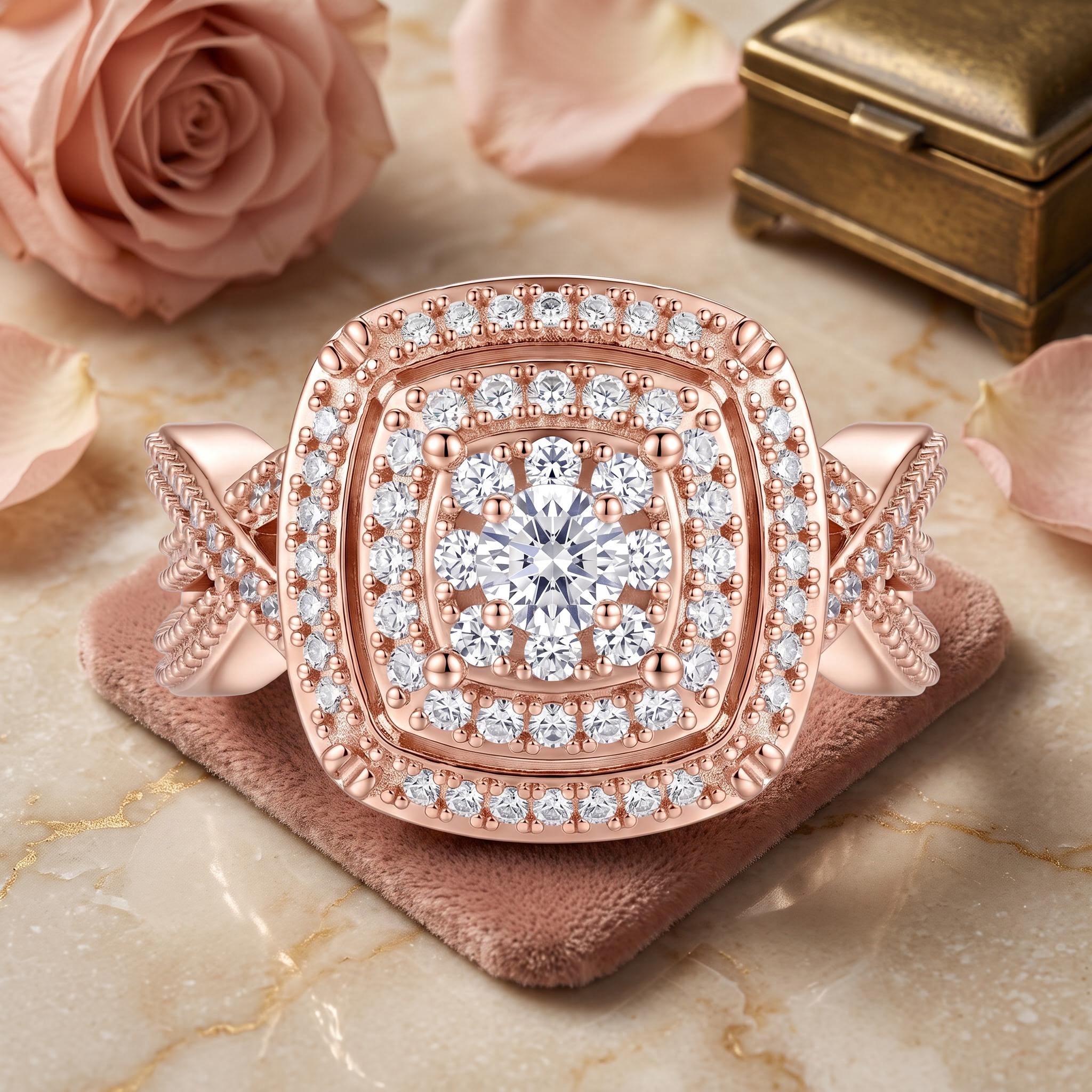0.95 ct.tw. Full Pave Doubel Halo Crisscross Shank Engagement Ring