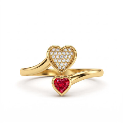 0.4 ct.tw. Double Heart Diamond-Embedded Birthstone Engravable Open Gold Ring
