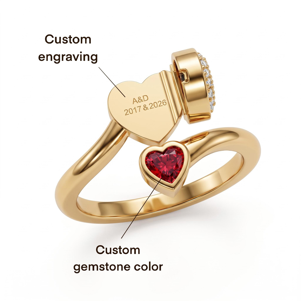 0.4 ct.tw. Double Heart Diamond-Embedded Birthstone Engravable Open Gold Ring