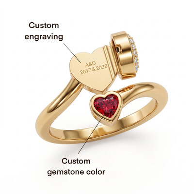 0.4 ct.tw. Double Heart Diamond-Embedded Birthstone Engravable Open Gold Ring