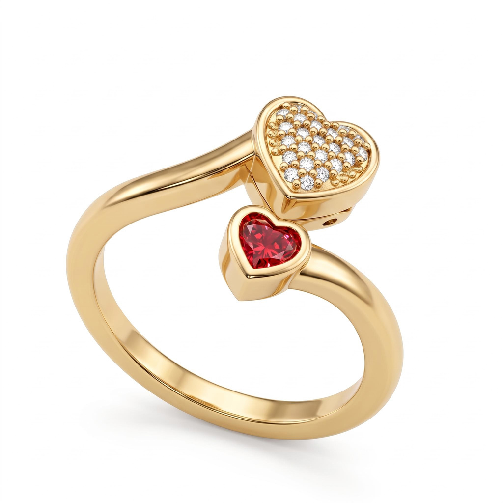 0.4 ct.tw. Double Heart Diamond-Embedded Birthstone Engravable Open Gold Ring
