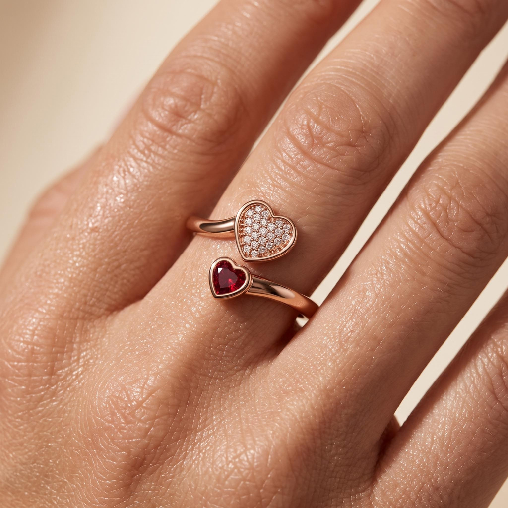 0.4 ct.tw. Double Heart Diamond-Embedded Birthstone Engravable Open Gold Ring