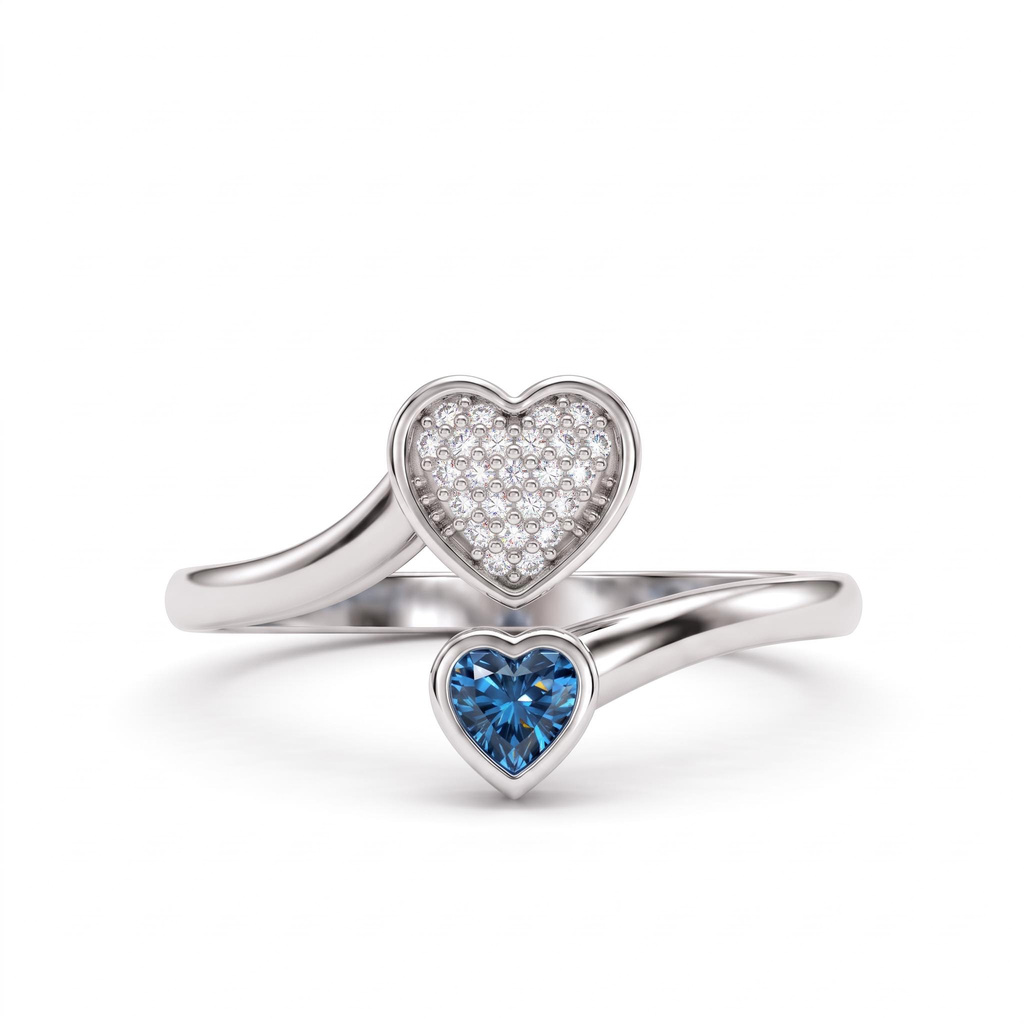 0.4 ct.tw. Double Heart Diamond-Embedded Birthstone Engravable Open Gold Ring