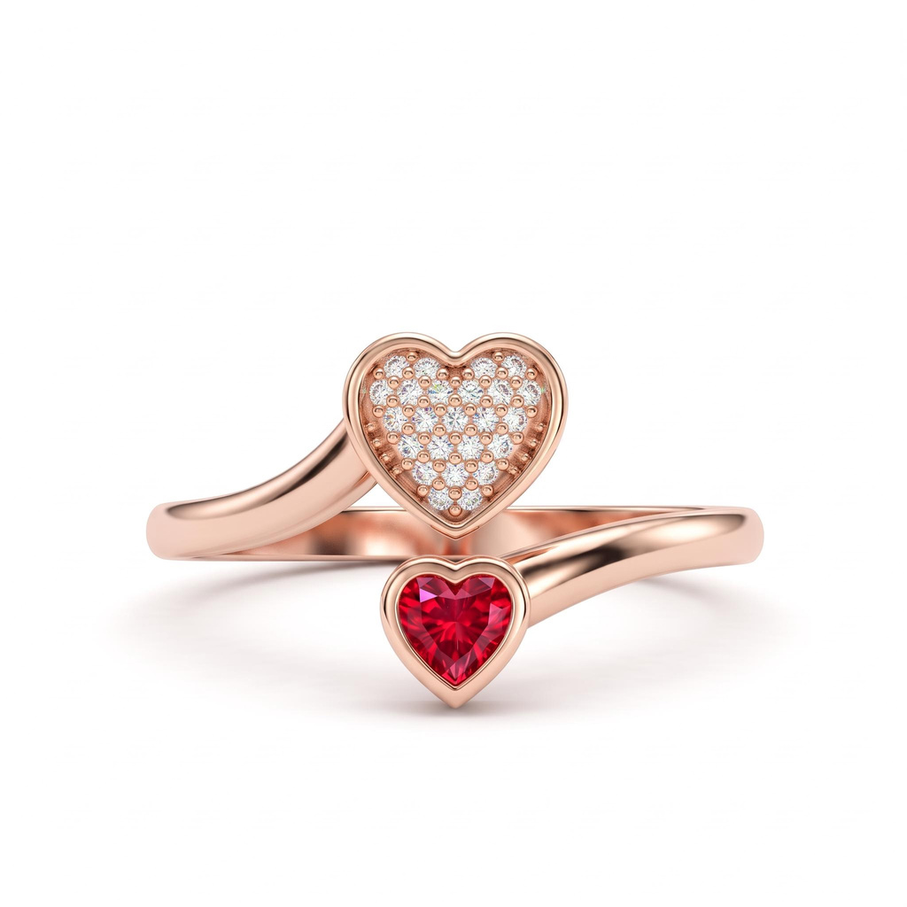 0.4 ct.tw. Double Heart Diamond-Embedded Birthstone Engravable Open Gold Ring