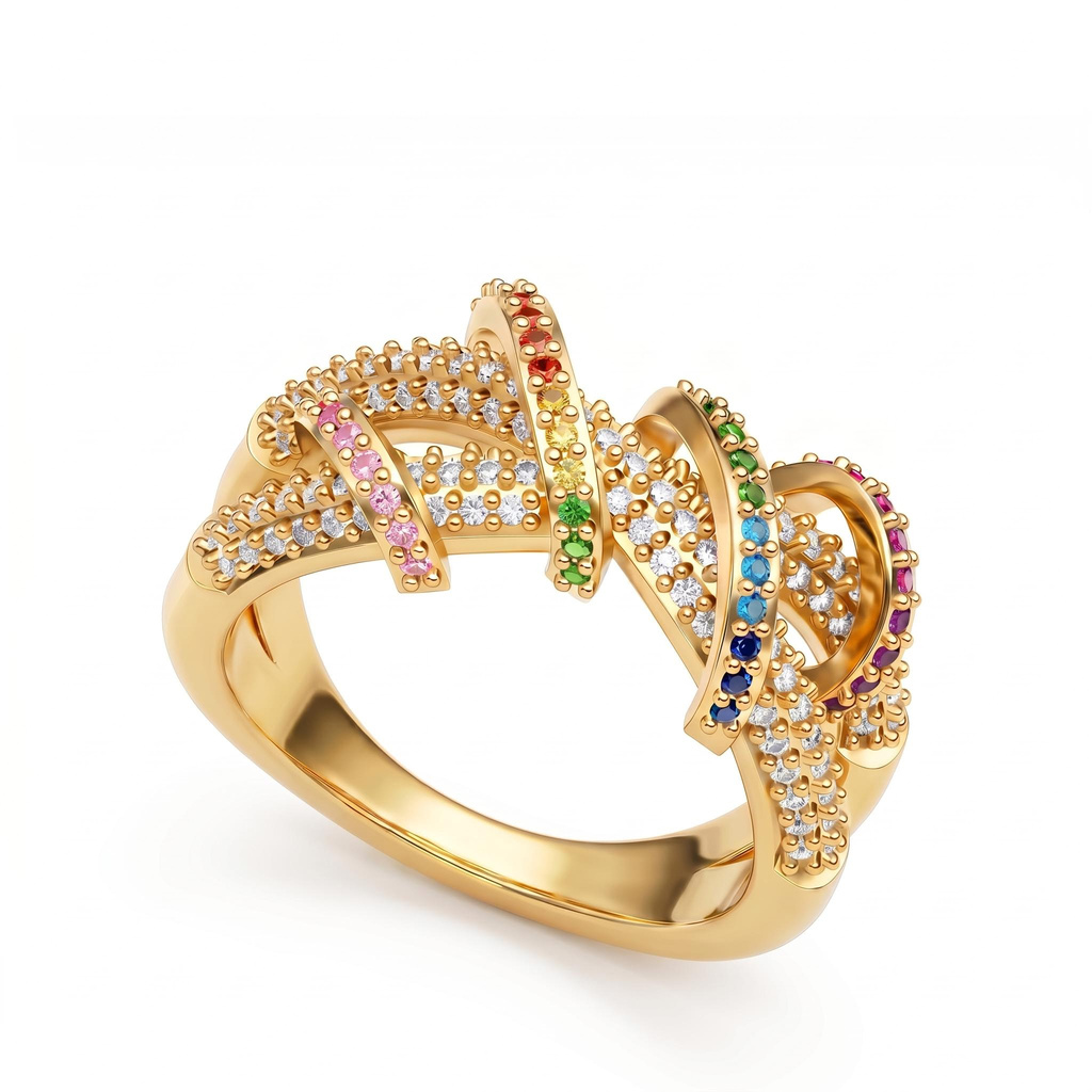0.91 ct.tw. Rainbow Full Diamond Interwoven Silver Ring