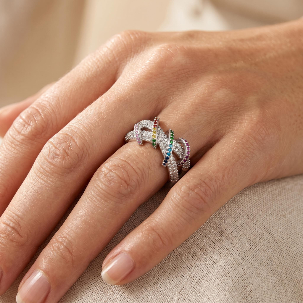 0.91 ct.tw. Rainbow Full Diamond Interwoven Silver Ring