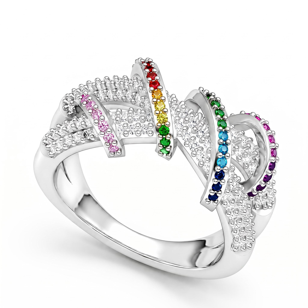 0.91 ct.tw. Rainbow Full Diamond Interwoven Silver Ring