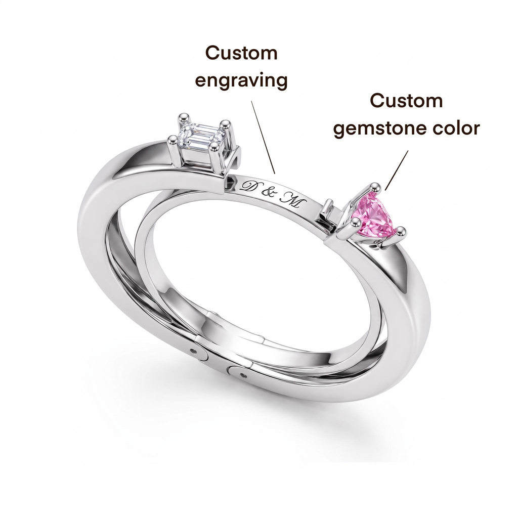 0.17ct.tw. Custom Engraved Birthstone Heart-shaped & Square Diamond Double Band Ring 0.17ct.tw. Custom Engraved Birthstone Heart-shaped & Square Diamond Double Band Ring
