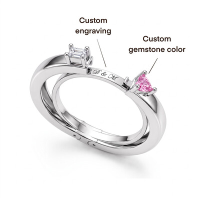 0.17ct.tw. Custom Engraved Birthstone Heart-shaped & Square Diamond Double Band Ring