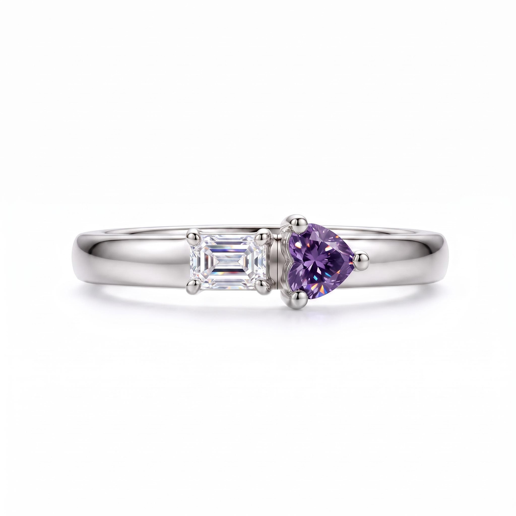 0.17ct.tw. Custom Engraved Birthstone Heart-shaped & Square Diamond Double Band Ring 0.17ct.tw. Custom Engraved Birthstone Heart-shaped & Square Diamond Double Band Ring