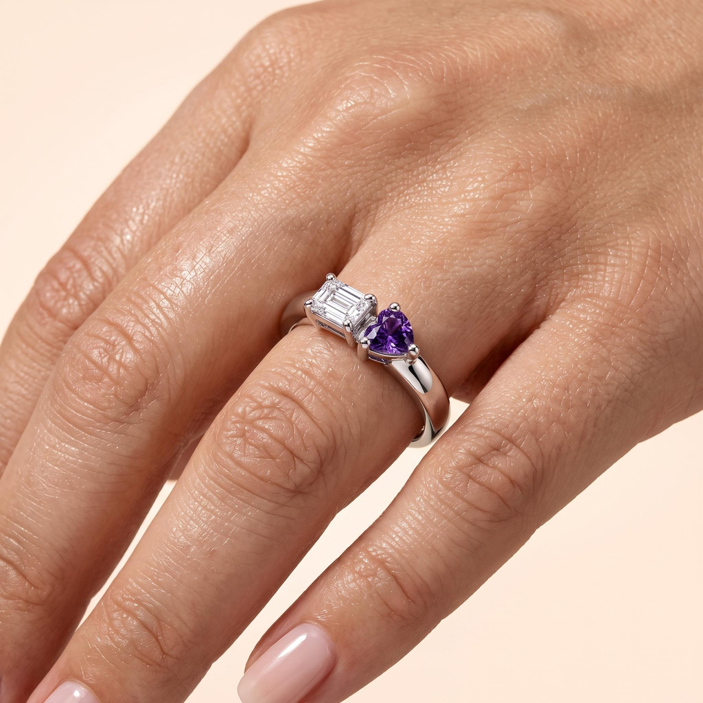 0.17ct.tw. Custom Engraved Birthstone Heart-shaped & Square Diamond Double Band Ring 0.17ct.tw. Custom Engraved Birthstone Heart-shaped & Square Diamond Double Band Ring