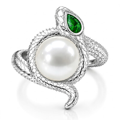 0.18 ct.tw. Silver Snake Wrapped White Pearl Inlaid Emerald Ring