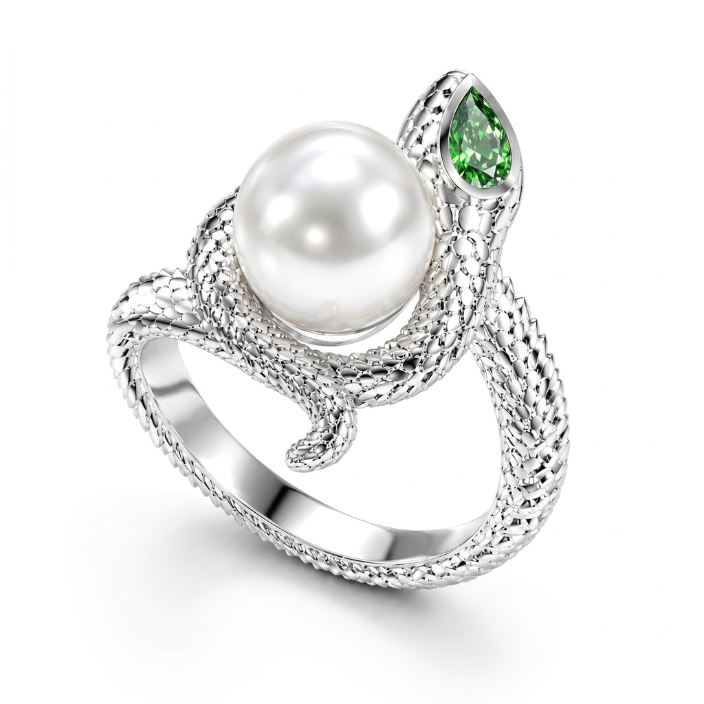 0.18 ct.tw. Silver Snake Wrapped White Pearl Inlaid Emerald Ring 0.18 ct.tw. Silver Snake Wrapped White Pearl Inlaid Emerald Ring