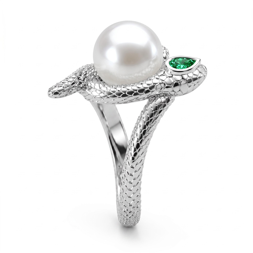 0.18 ct.tw. Silver Snake Wrapped White Pearl Inlaid Emerald Ring 0.18 ct.tw. Silver Snake Wrapped White Pearl Inlaid Emerald Ring