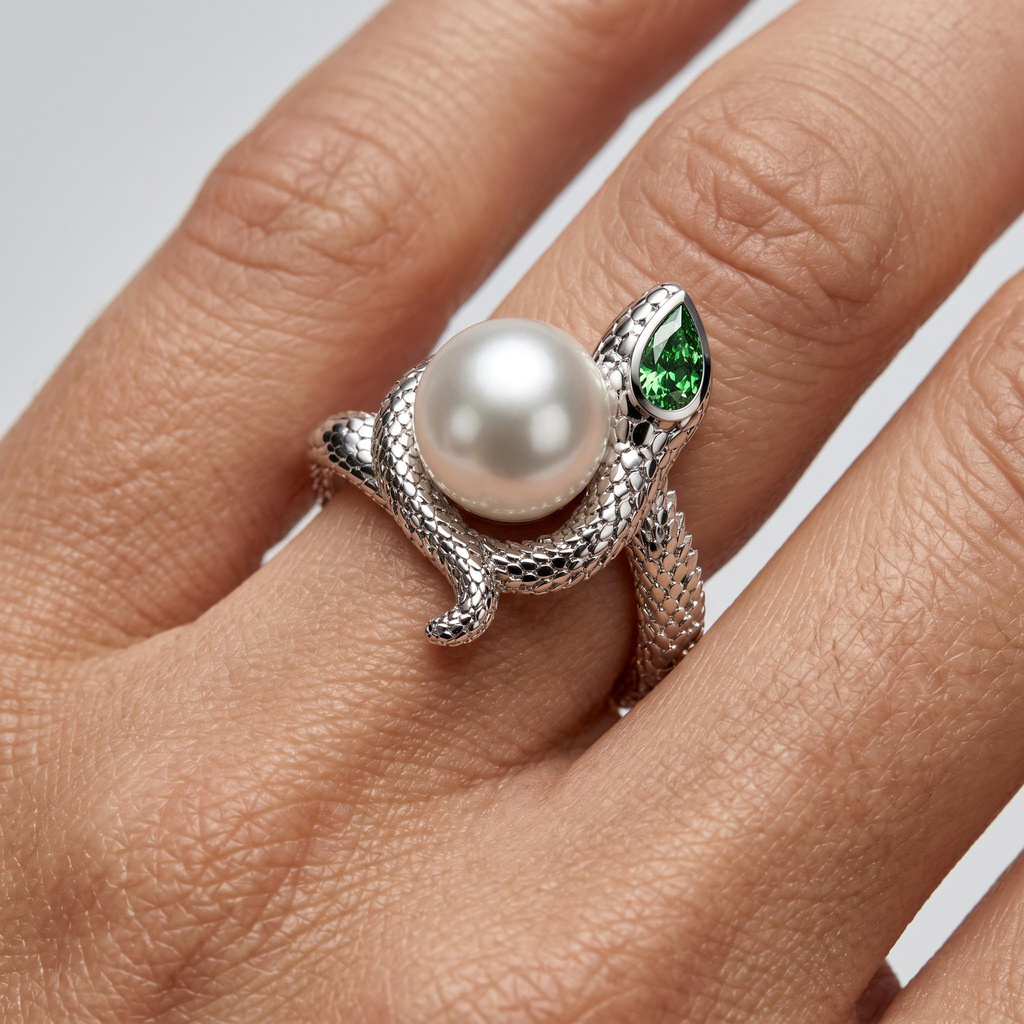 0.18 ct.tw. Silver Snake Wrapped White Pearl Inlaid Emerald Ring 0.18 ct.tw. Silver Snake Wrapped White Pearl Inlaid Emerald Ring