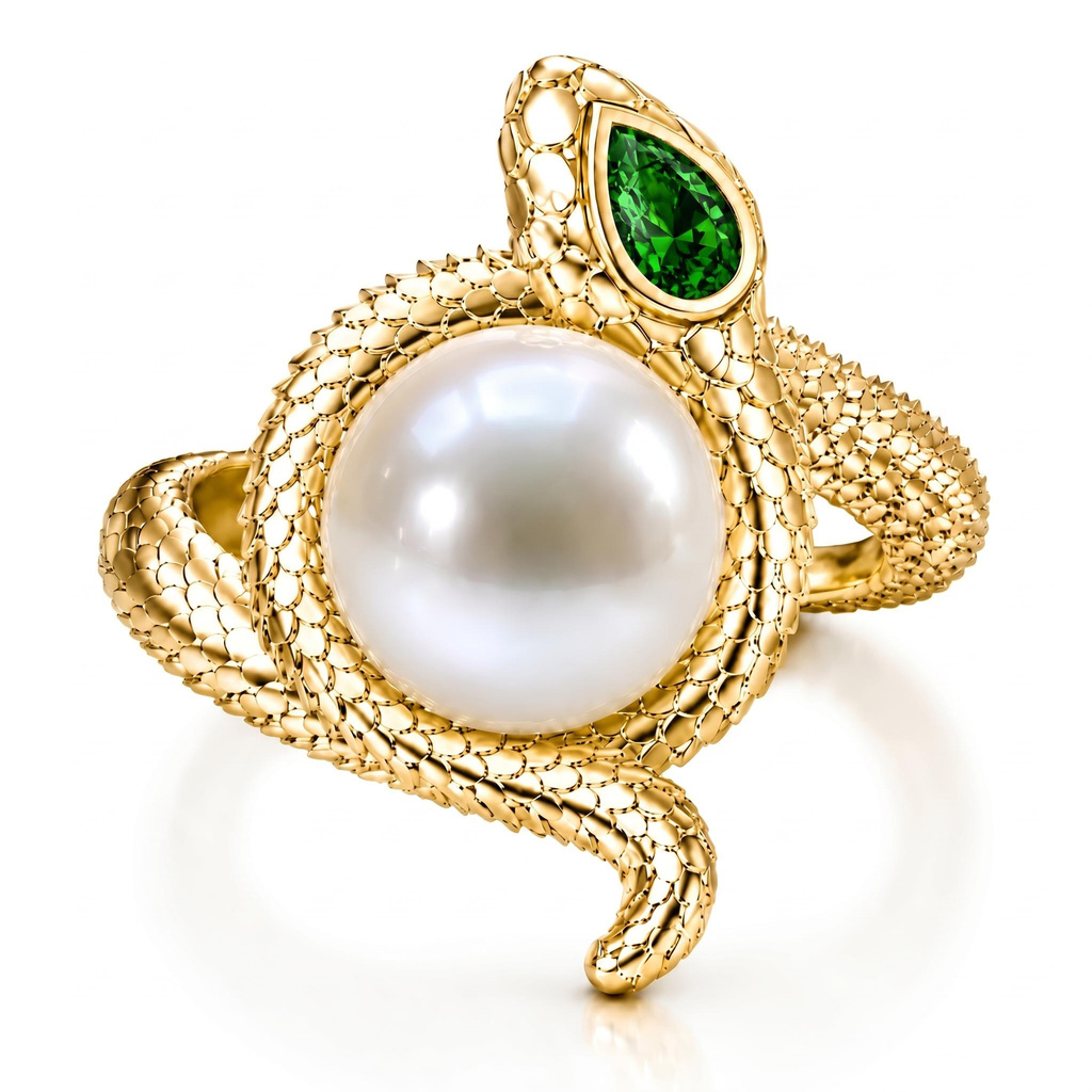 0.18 ct.tw. Silver Snake Wrapped White Pearl Inlaid Emerald Ring 0.18 ct.tw. Silver Snake Wrapped White Pearl Inlaid Emerald Ring