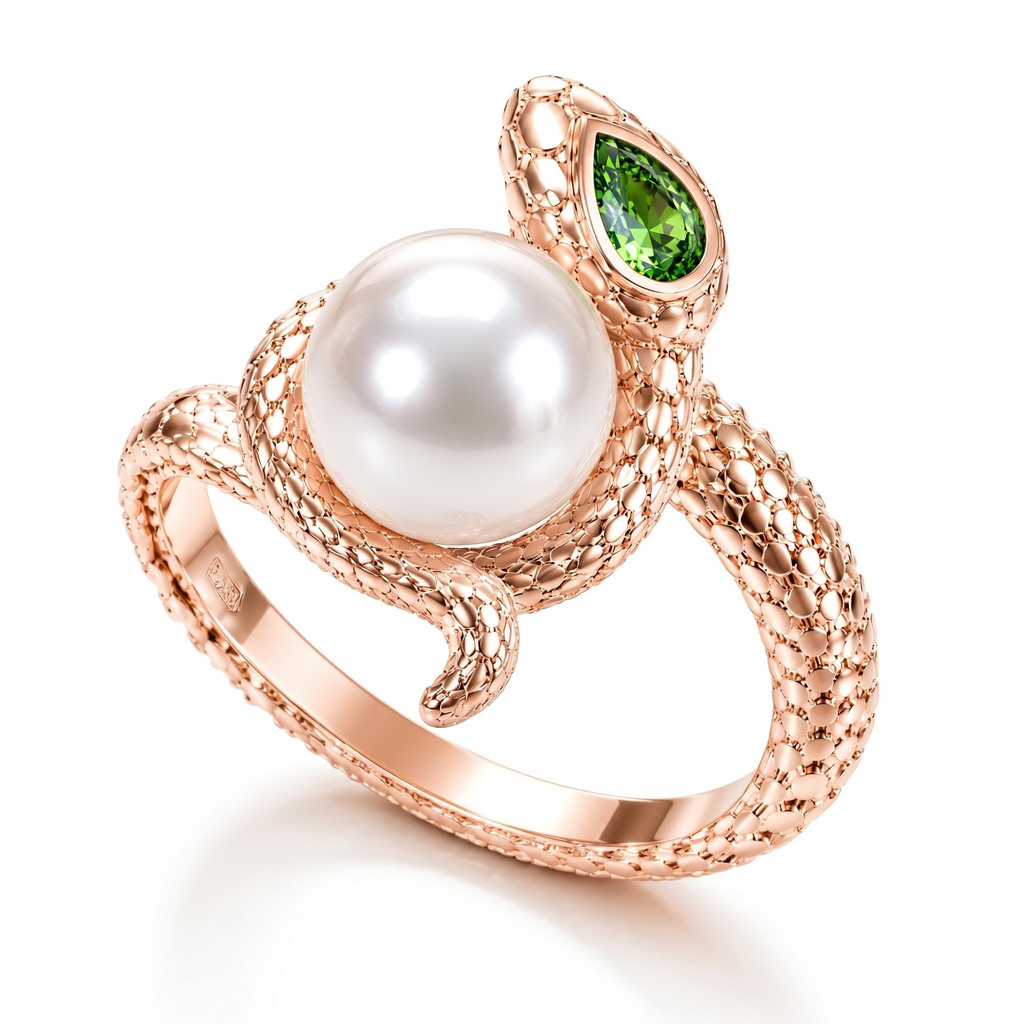 0.18 ct.tw. Silver Snake Wrapped White Pearl Inlaid Emerald Ring 0.18 ct.tw. Silver Snake Wrapped White Pearl Inlaid Emerald Ring