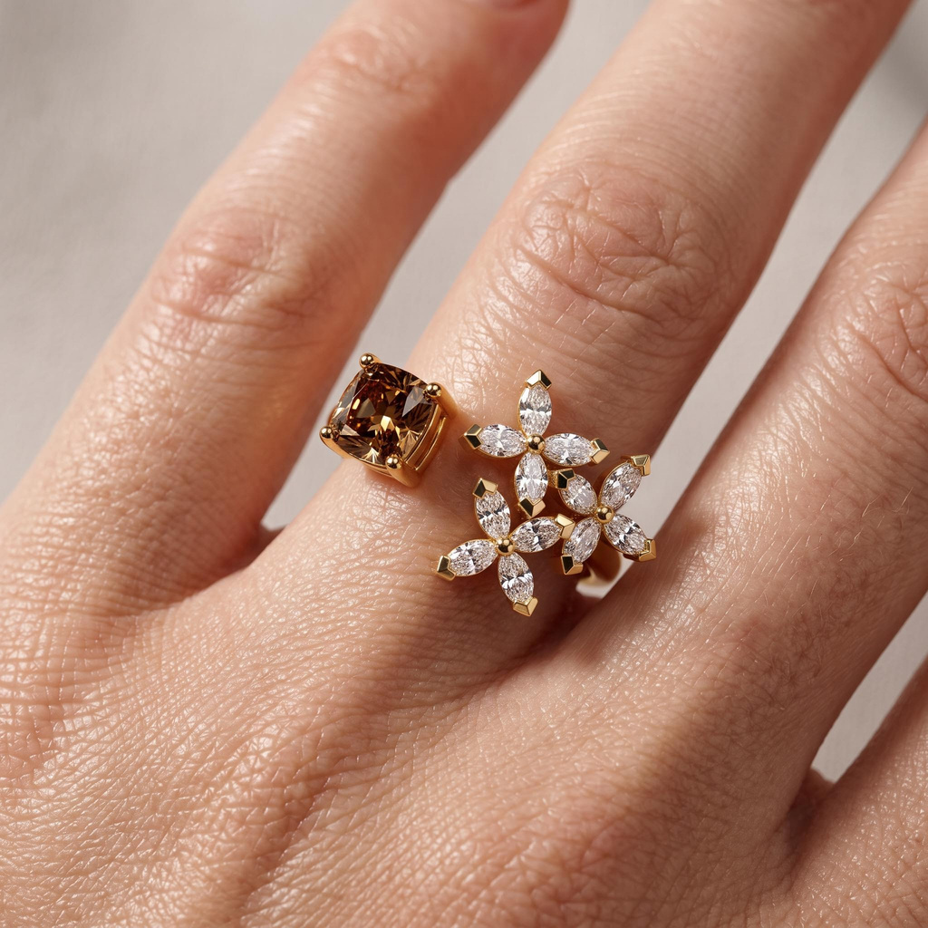 2.7 ct.tw. Coffee Chocolate Cushion Floral Open Ring 2.7 ct.tw. Coffee Chocolate Cushion Floral Open Ring