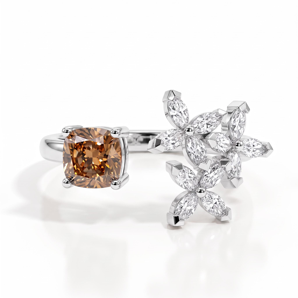 2.7 ct.tw. Coffee Chocolate Cushion Floral Open Ring 2.7 ct.tw. Coffee Chocolate Cushion Floral Open Ring