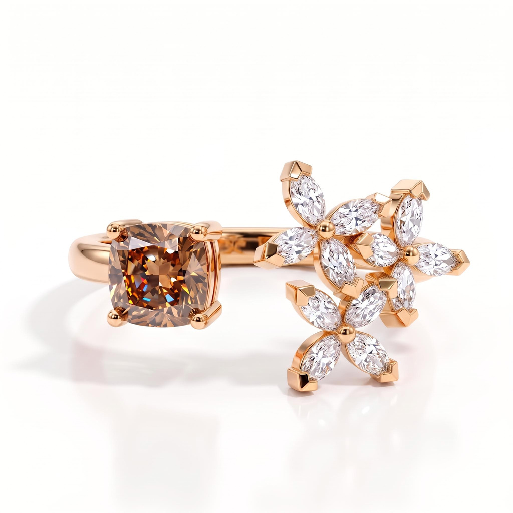 2.7 ct.tw. Coffee Chocolate Cushion Floral Open Ring 2.7 ct.tw. Coffee Chocolate Cushion Floral Open Ring