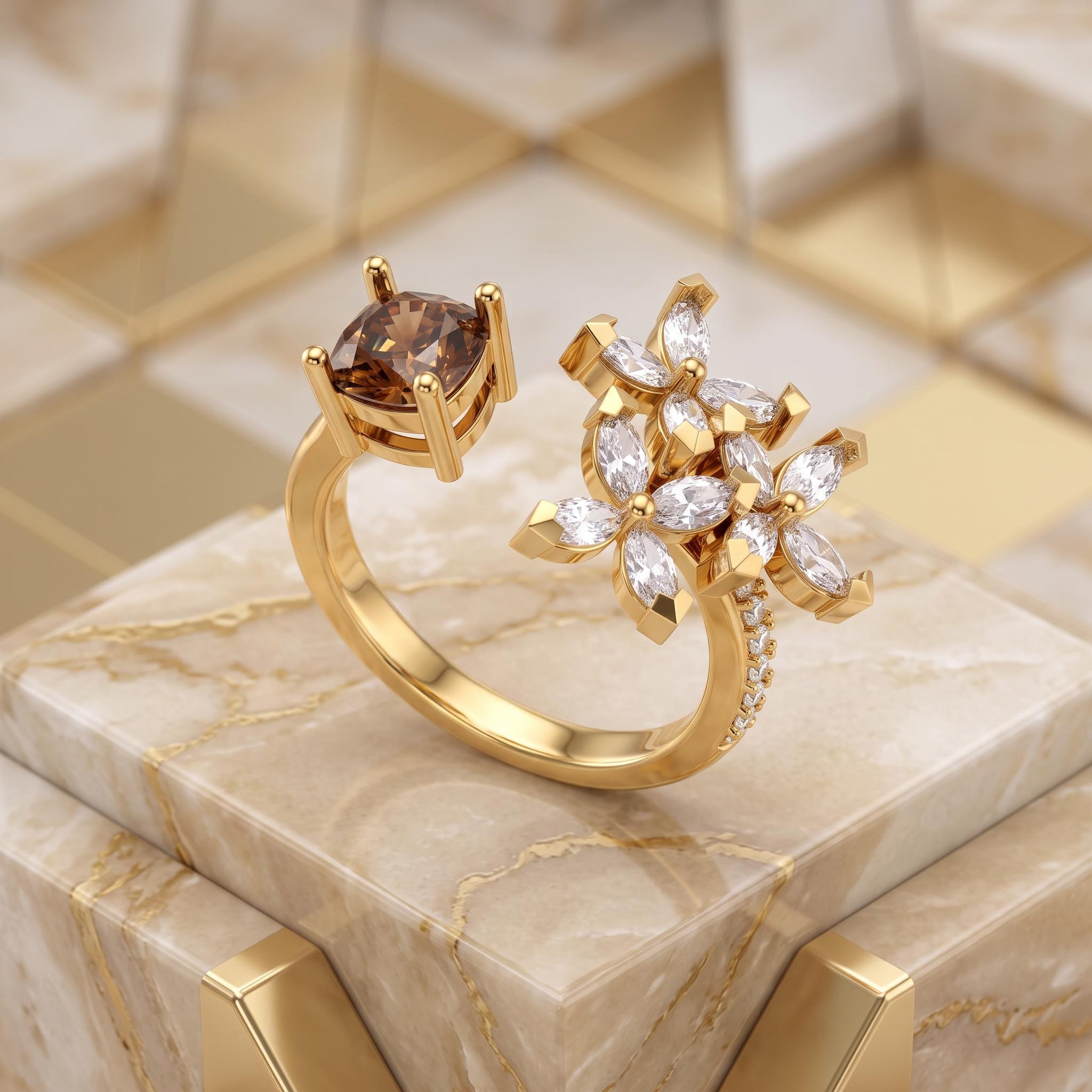 2.7 ct.tw. Coffee Chocolate Cushion Floral Open Ring 2.7 ct.tw. Coffee Chocolate Cushion Floral Open Ring