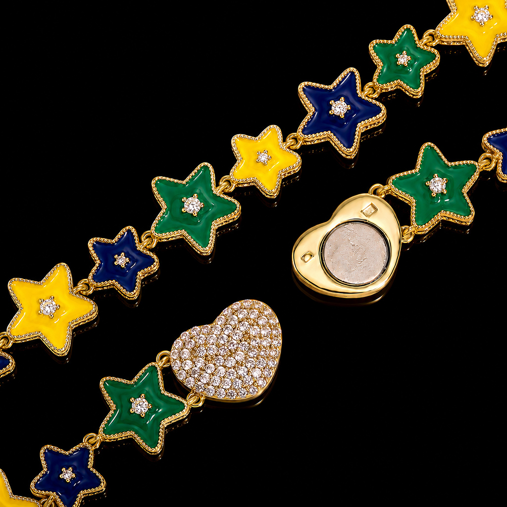 Iced Out Heart Enamel Stars Link Bracelet Iced Out Heart Enamel Stars Link Bracelet