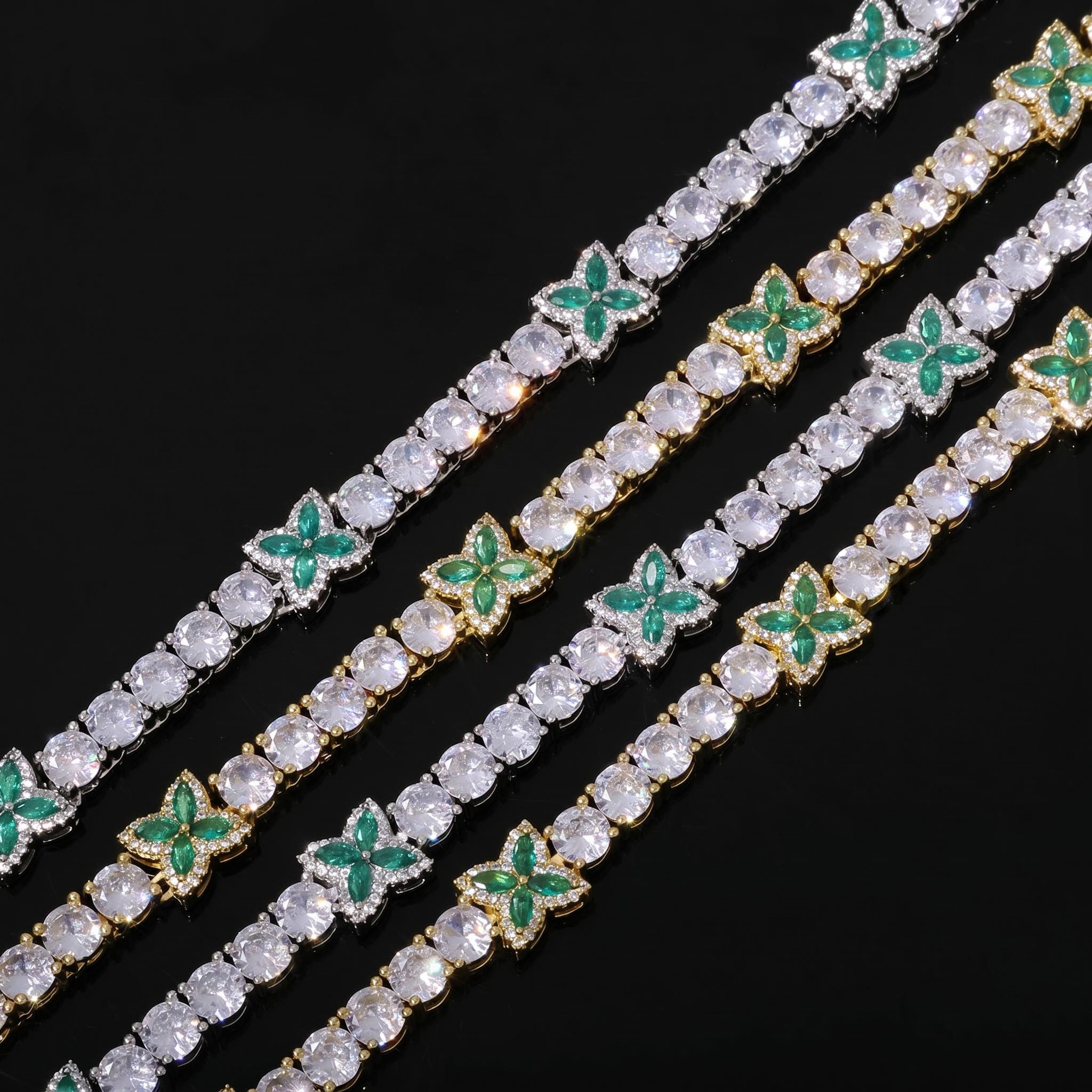 Iced Out Green Four Leaf Clover Tennis Bracelet