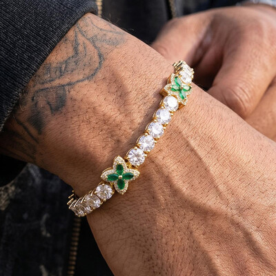 Iced Out Green Four Leaf Clover Tennis Bracelet