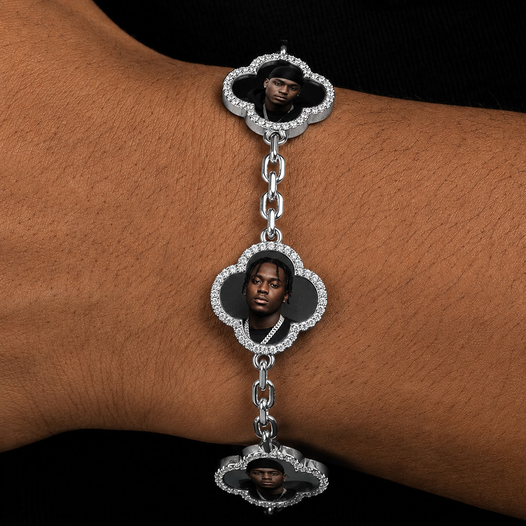 Iced Out Lucky Four-leaf Clover Custom Photo Bracelet Iced Out Lucky Four-leaf Clover Custom Photo Bracelet