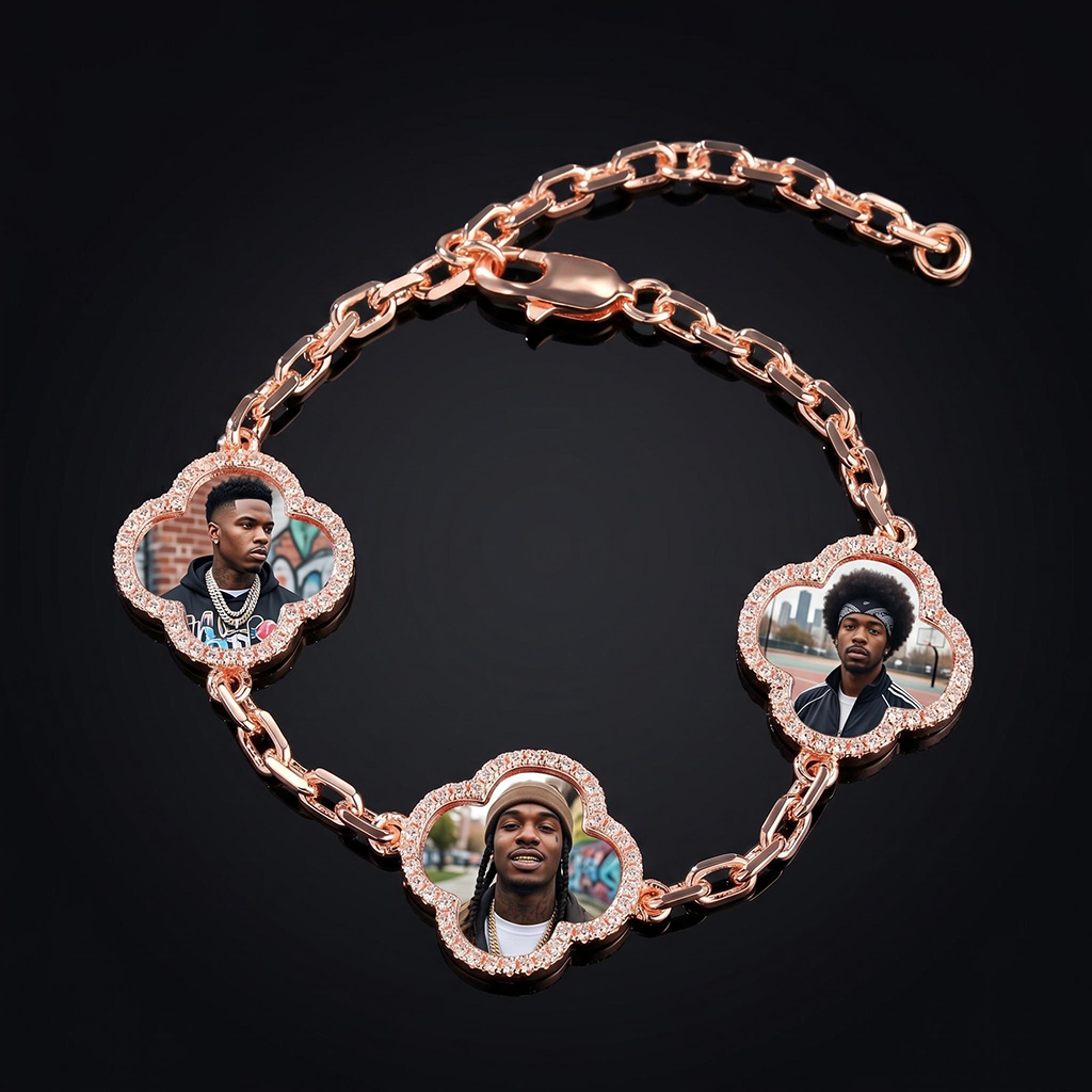 Iced Out Lucky Four-leaf Clover Custom Photo Bracelet Iced Out Lucky Four-leaf Clover Custom Photo Bracelet