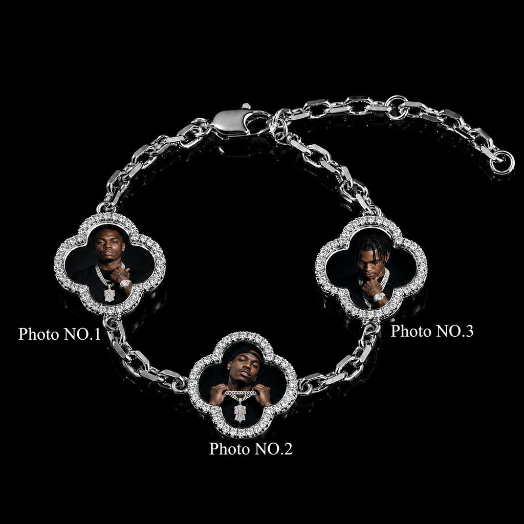 Iced Out Lucky Four-leaf Clover Custom Photo Bracelet Iced Out Lucky Four-leaf Clover Custom Photo Bracelet