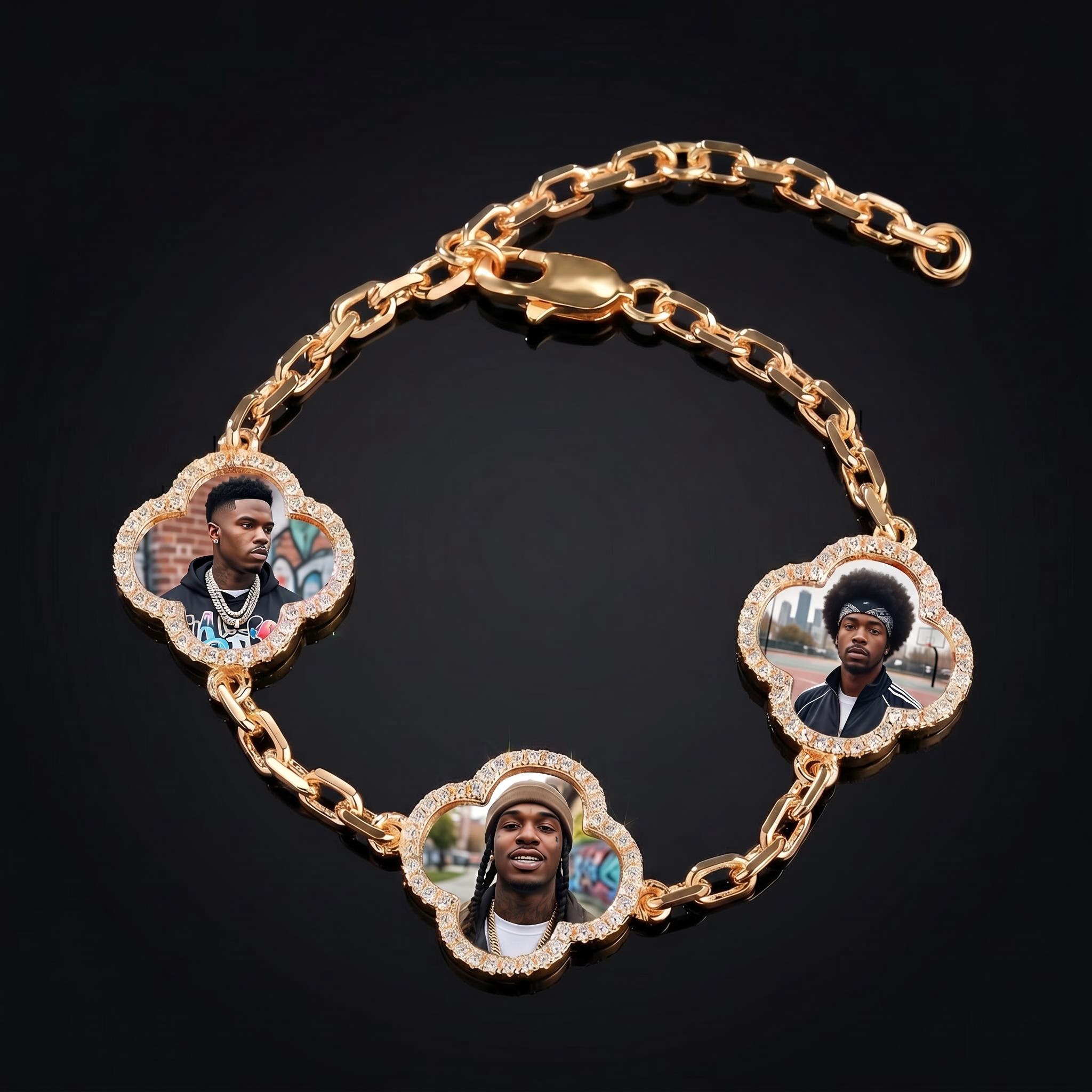 Iced Out Lucky Four-leaf Clover Custom Photo Bracelet Iced Out Lucky Four-leaf Clover Custom Photo Bracelet